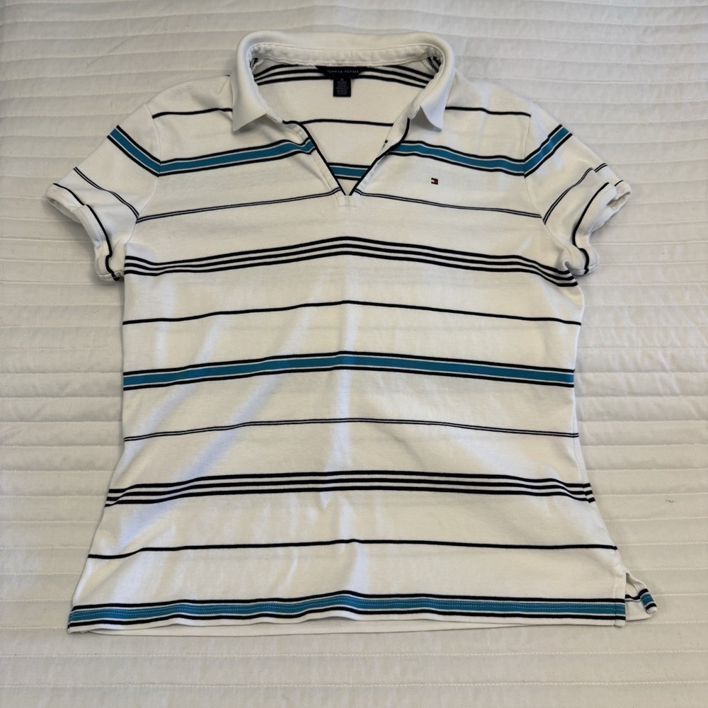 Tommy Hilfiger Women's Short Sleeve V-Neck Collared Striped T-shirt Size XL